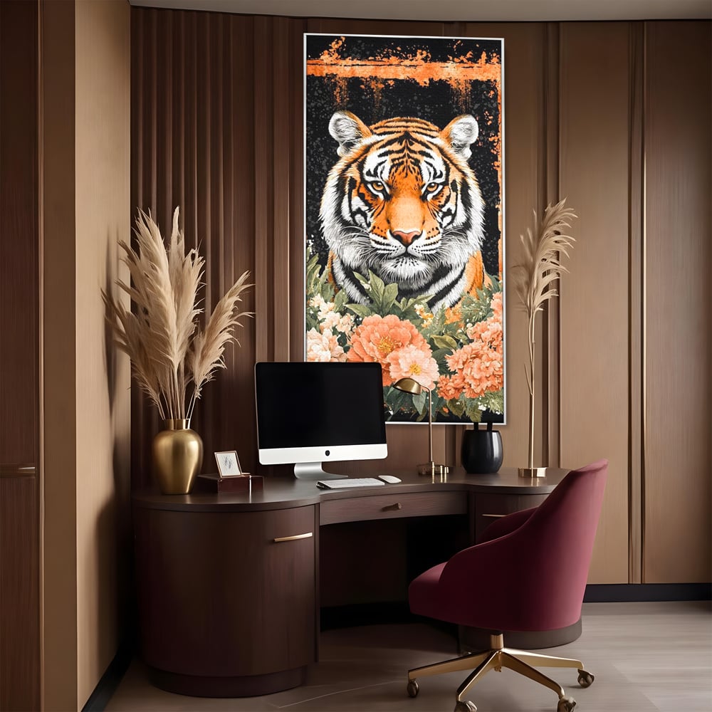Tablou canvas cu tablou canvas cu tigru si flori, in rama de aluminiu argintiu, pe perete intr-un birou